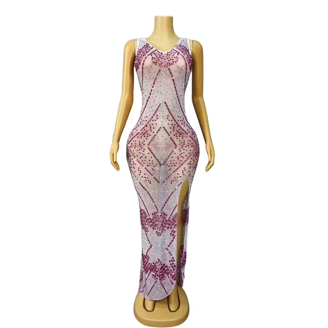 

Red Rhinestones Sleeveless Dress Sexy Stretch Dance Stage Show Nightclub Performance Costume Elegant Evening Party Wear