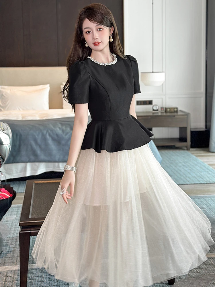 Abito da sera formale francese squisito da donna Abito da ballo in maglia trasparente femminile Lady Falso 2 pezzi con volant Swing Robe Abiti da compleanno