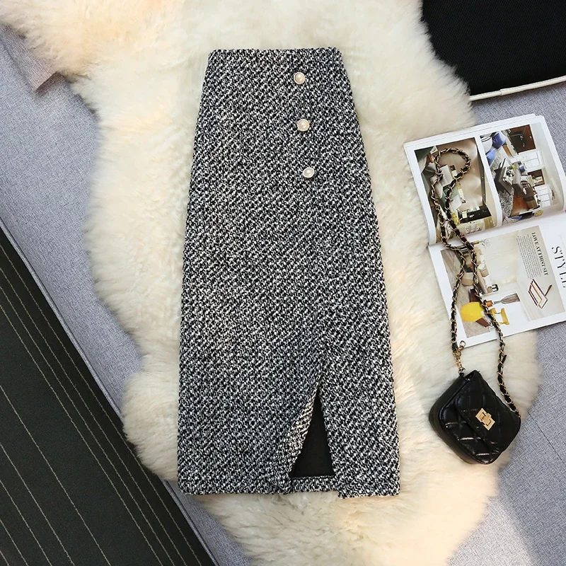 

New In Long Skirts Women High Waist Korean Fashion Tweed Vintage 2024 Autumn Winter Chic Midi Skirt Jupe Femme