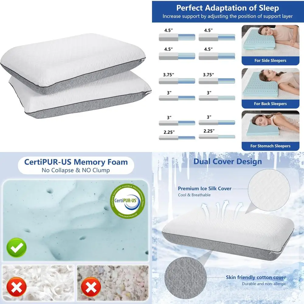 

Adjustable Cooling Memory Foam Pillow Set for Side Sleepers, 16 Height Options from 0.75 to 4.5 inches, Soft to Firm Support