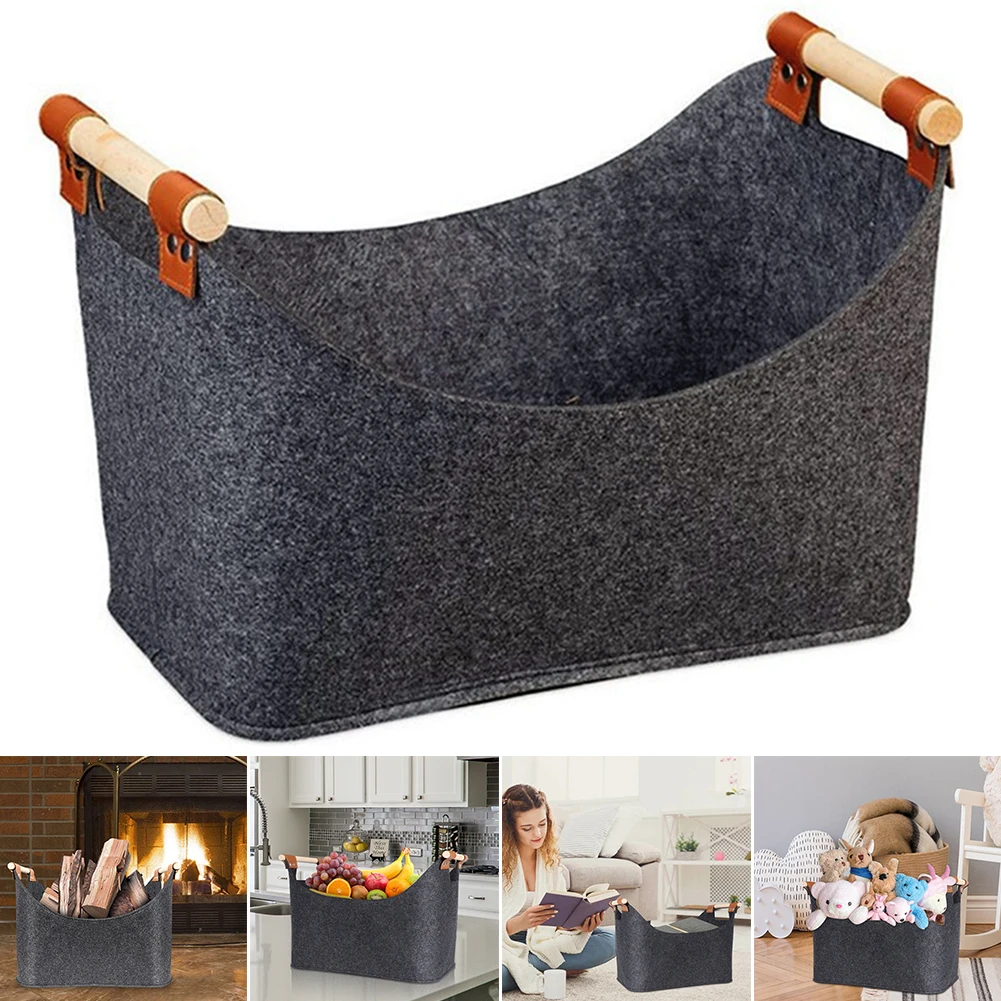 Caja de leña de 45 x 32 x 40 cm con asas de madera Cesta de almacenamiento de ropa plegable de 57 L de gran capacidad para chimenea y estufa de leña