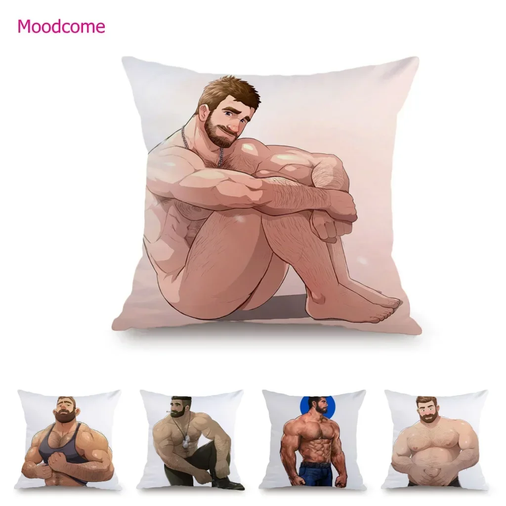 Super Sexy Hot Masculine Male Muscle Hairy Bear Man Cartoon Gay Art Soft Velvet Sofa Pillow Case Cozy Boyfriend Cushion Cover