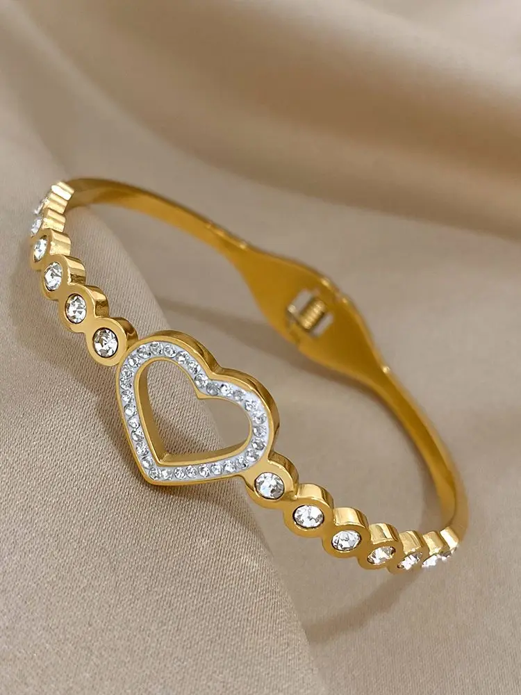 Flashbuy Trend Romantic Rhinestones Hollow Love Heart Stainless Steel Bangle Bracelet Statement 18K Gold Plated Jewelry Pulsera