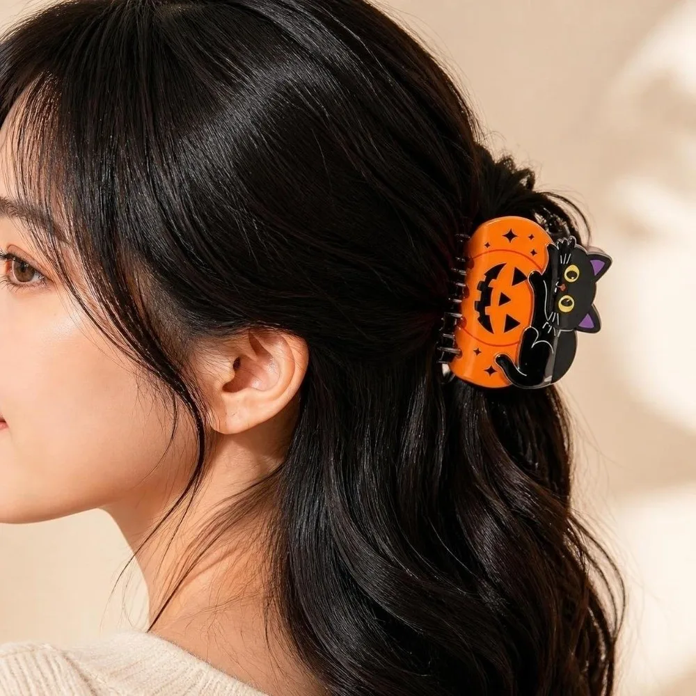 Cute Animal Halloween Hair Claw Strong Hold Lightweight Pumpkin Shark Clip Bright Color Non Slip Black Cat Hair Claw Women Girls