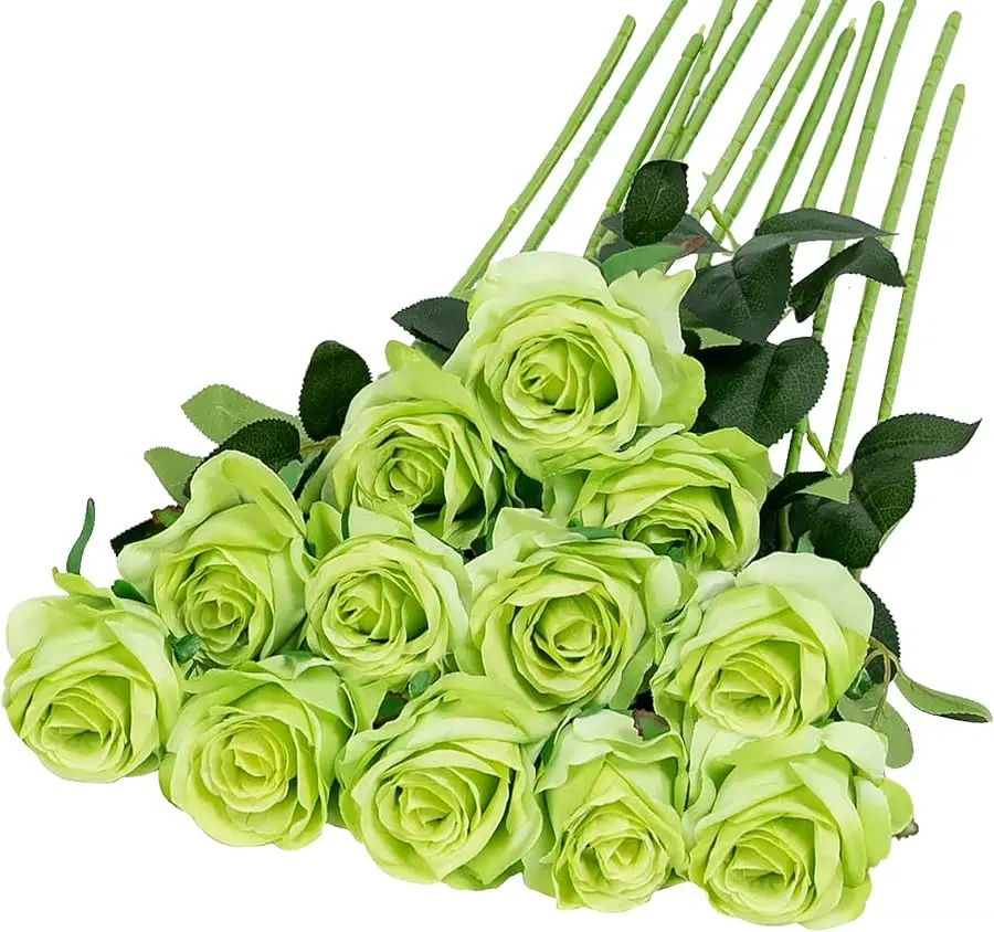 12PCS Artificial Silk Flowers Realistic Roses Bouquet Long Stem for Home Wedding Decoration Party (Green)