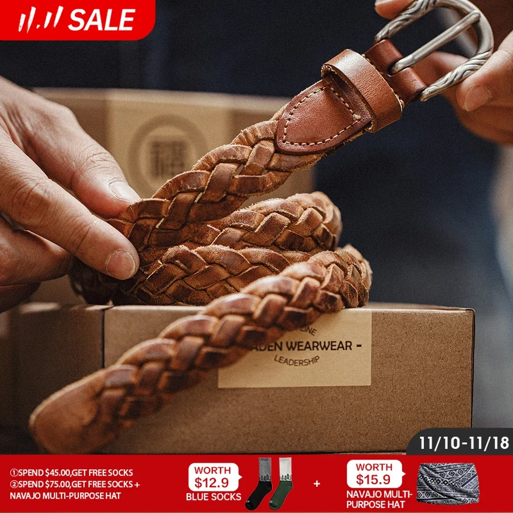 

Винтажный тканый двухслойный ремень Maden из воловьей кожи растительного дубления для мужчин универсальный коричневый аксессуар