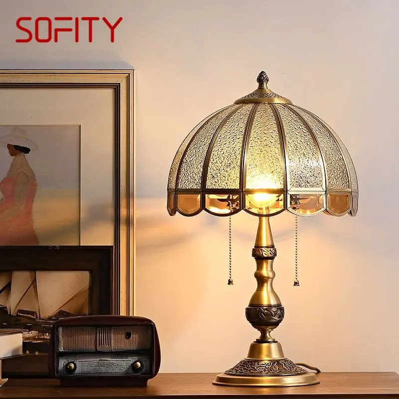 SOFITY Modern Brass Table Lamp LED Retro Creative European Glass Desk Light for Home Living Room Bedroom Bedside Decor