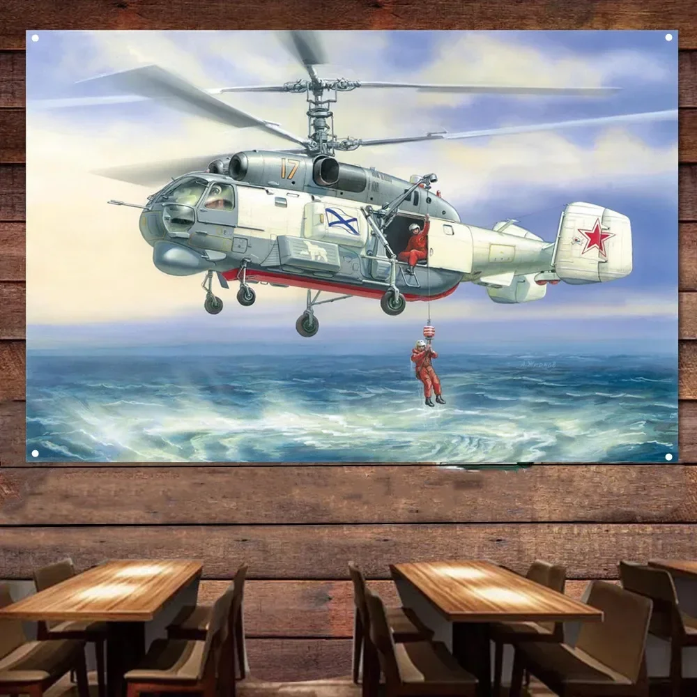Póster de helicóptero de ataque de rescate Ka-27, bandera colgante de pared, pancarta de la Fuerza Aérea, pintura en lienzo, tapiz para decoración de pared de habitación y oficina