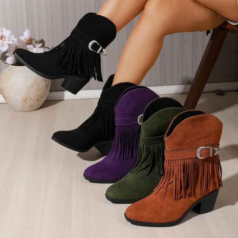 Fashion Trendy Tassel Belt Buckle Casual Mid Calf Women's Boots 2026 New Hot Sale Retro Style Solid Color Mid Heel Women Shoes