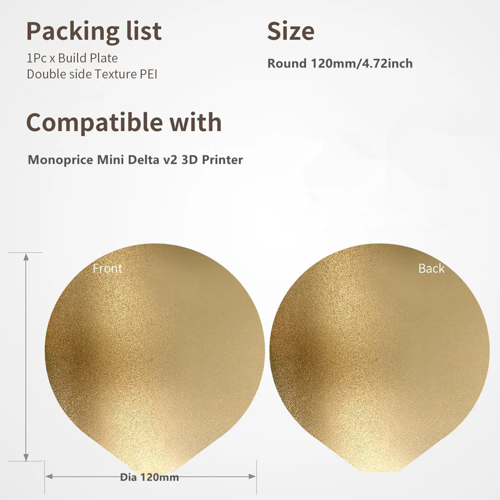 

Обновленная круглая 120-миллиметровая рабочая пластина PEI, текстурированный двухсторонний лист PEI, гибкая пружинная сталь для 3D-принтера Monoprice Mini Delta V2