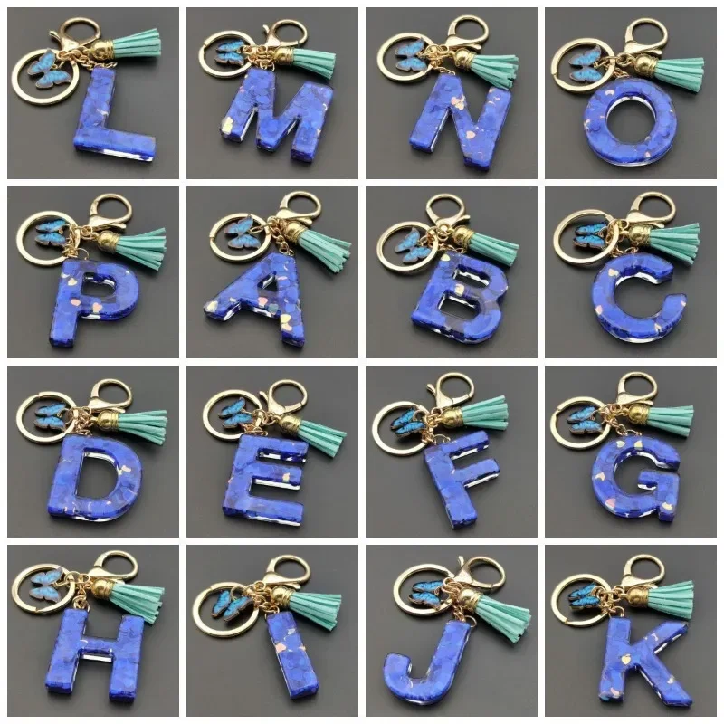 

Exquisite Blue Alphabet Initial Letter Resin Keychain Initials Butterfly Tassel Pendant Keyring Women Men Car Key Holder Gift