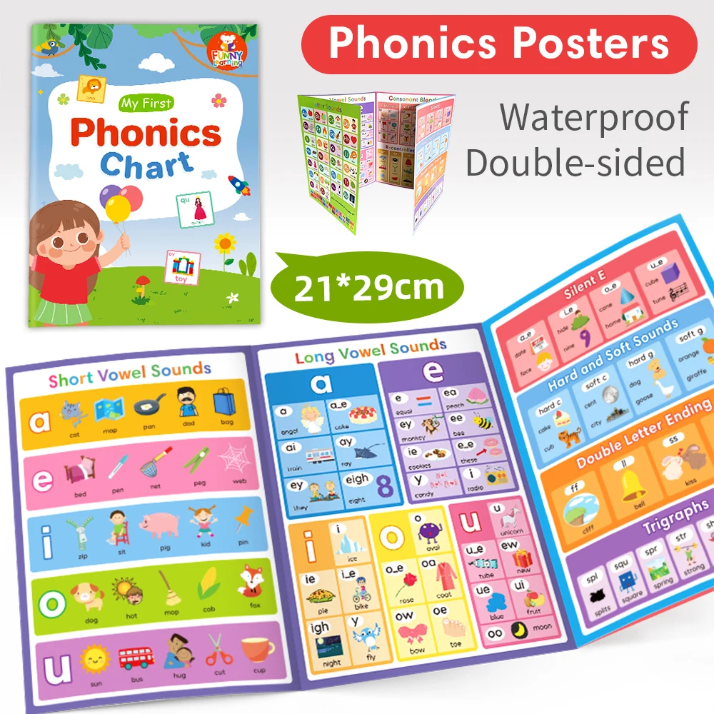 Kinder Phonics Poster Brief Kurze/Lange Vokal Klingt 8 Seiten Kid Lernen und Pädagogisches Spielzeug Poster Wasserdichte 21*29cm