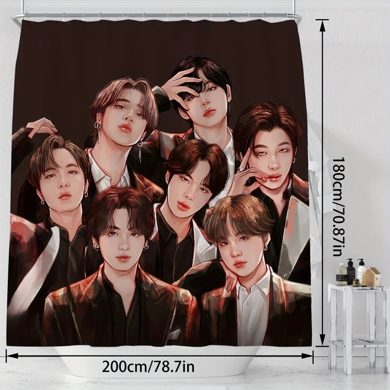 1pc K-Pop Idol Group Inspired Shower Curtain, Polyester Knit, Water-Resistant Novelty Bathroom Decor with Digital Print, Machine