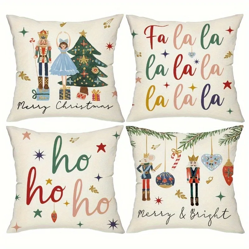 4 housses de coussin de Noël imprimées Casse-Noisette, décorations d'hiver pour la maison, cadeau de Noël