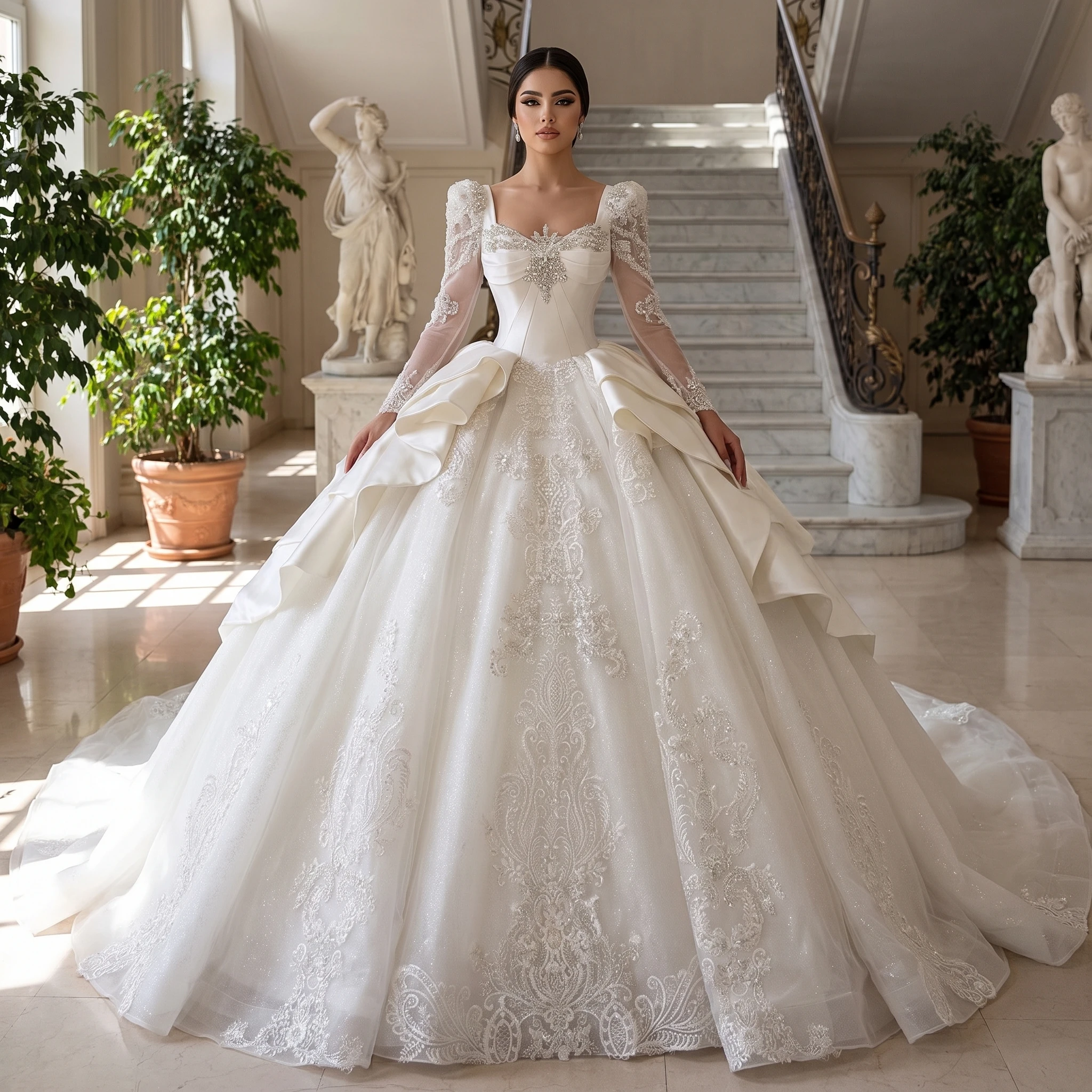 New Customized Beauty Beading Pearls Wedding dress Long Sleeves Sparking Lace Bride Dress luxurious Women vestidos de novia