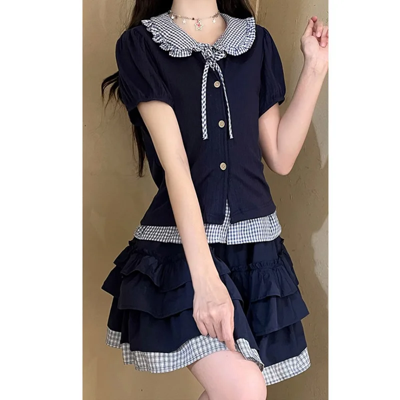

A Beautiful Two-piece Set Of Navy Blue Checkered Summer Clothes For Girls With A Great Academic Atmosphere In The Summer Of 2026