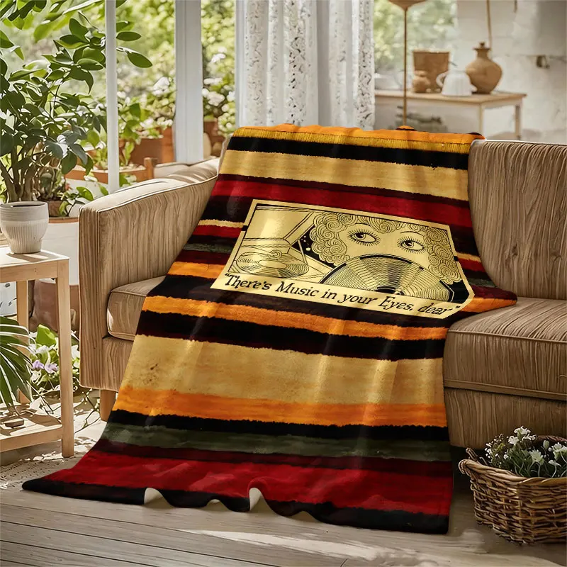 Retro Music Striped Art Flannel Blanket Perfect for Sofa Office Bed Travel Sleep Read Relax Camping Four Season Use