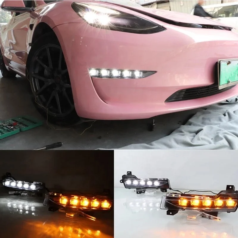 DRL 12V LED Daytime Running Light Front Fog Light Flowing Turn Signal Assembly for Tesla Model 3 2019-2021