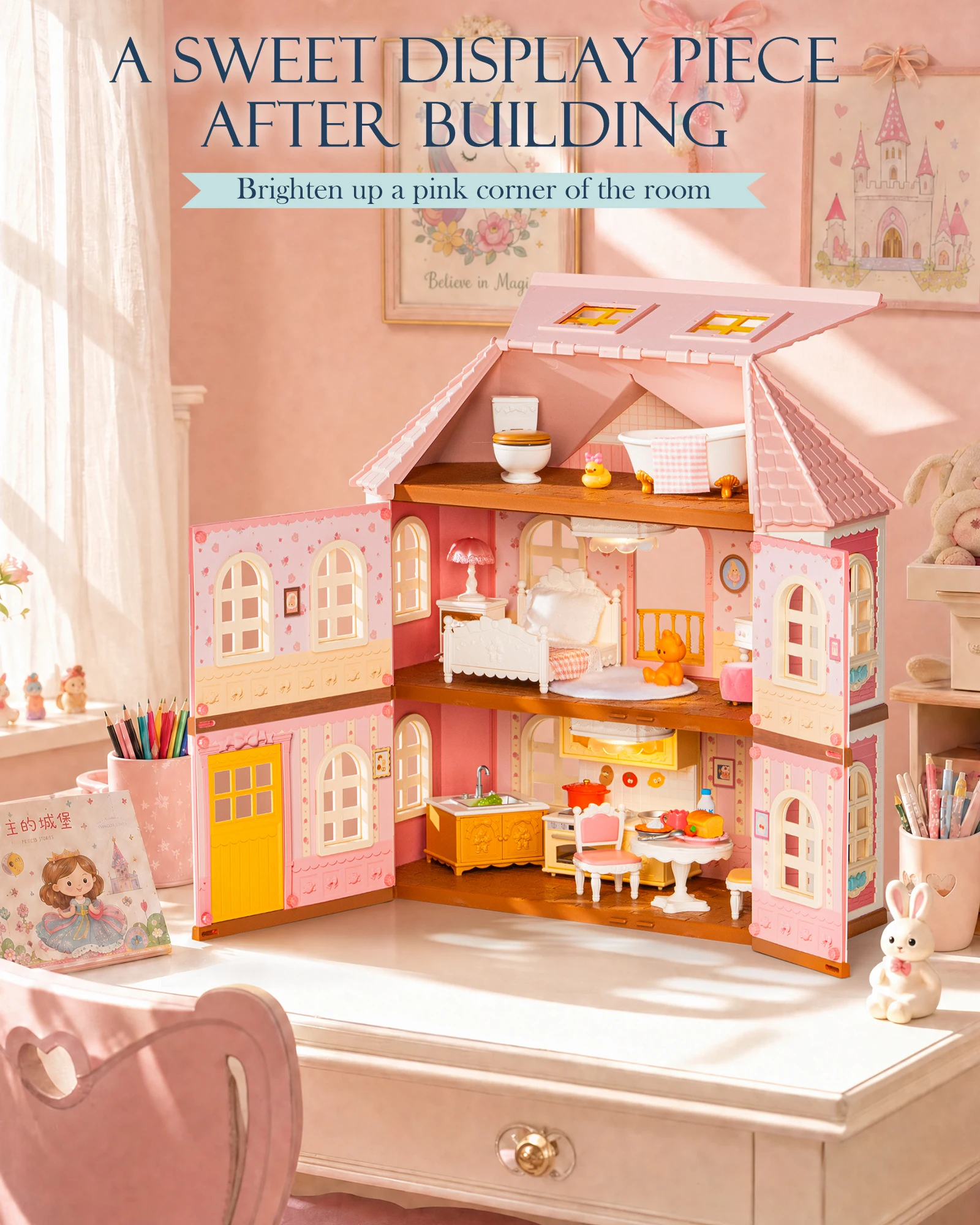 Rolife DIY Miniature House Kit Haley Island Fairy Rose Cottage 3D Puzzle 3-Story Pink Victorian Mini Dollhouse Toys with LED Light for Home Decor Gift for Teens Family Friends