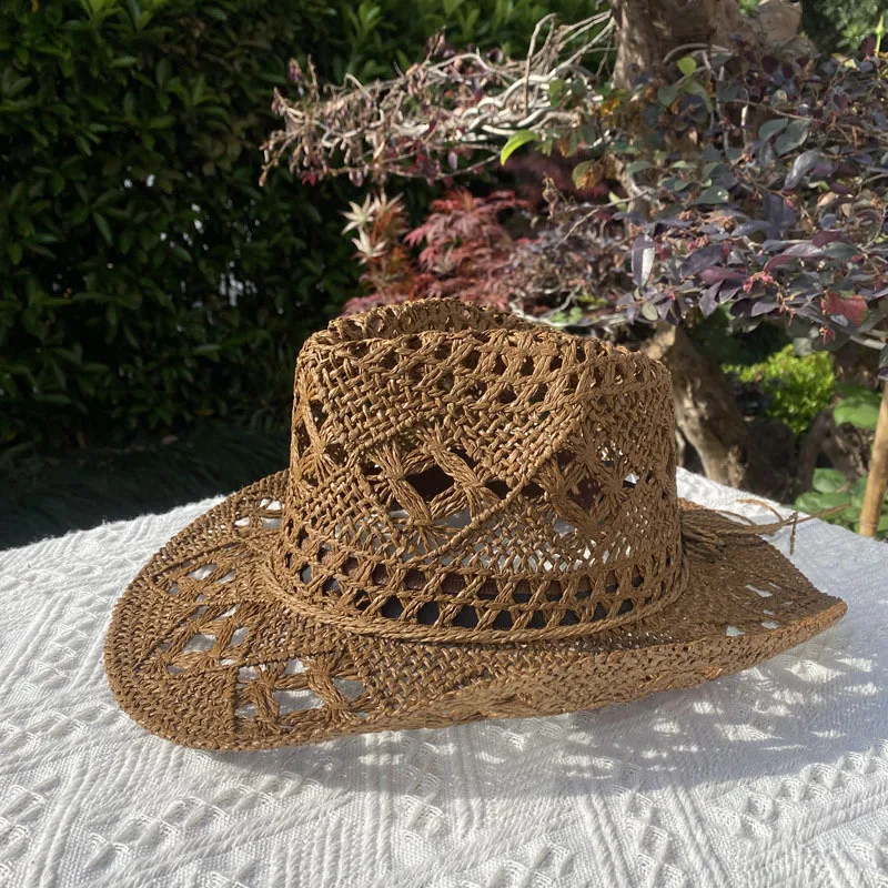 Straw Hat for Women Men Summer Handmade Classic Vintage Hollow Out Western Curled Wide Brim Sun Hat Fishing Hat Climbing Cap