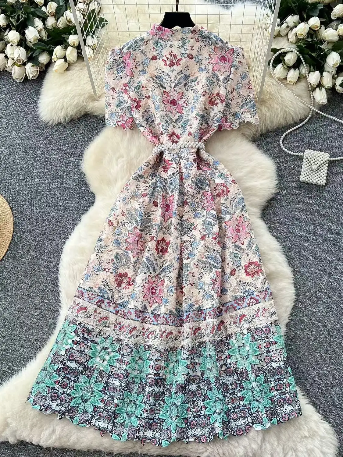 High end Elegant ชุดผู้หญิงฤดูร้อนแฟชั่นแขนสั้น Tunic Hook ดอกไม้ Hollow ลูกไม้ชุดยาวหรูหราชุดราตรี