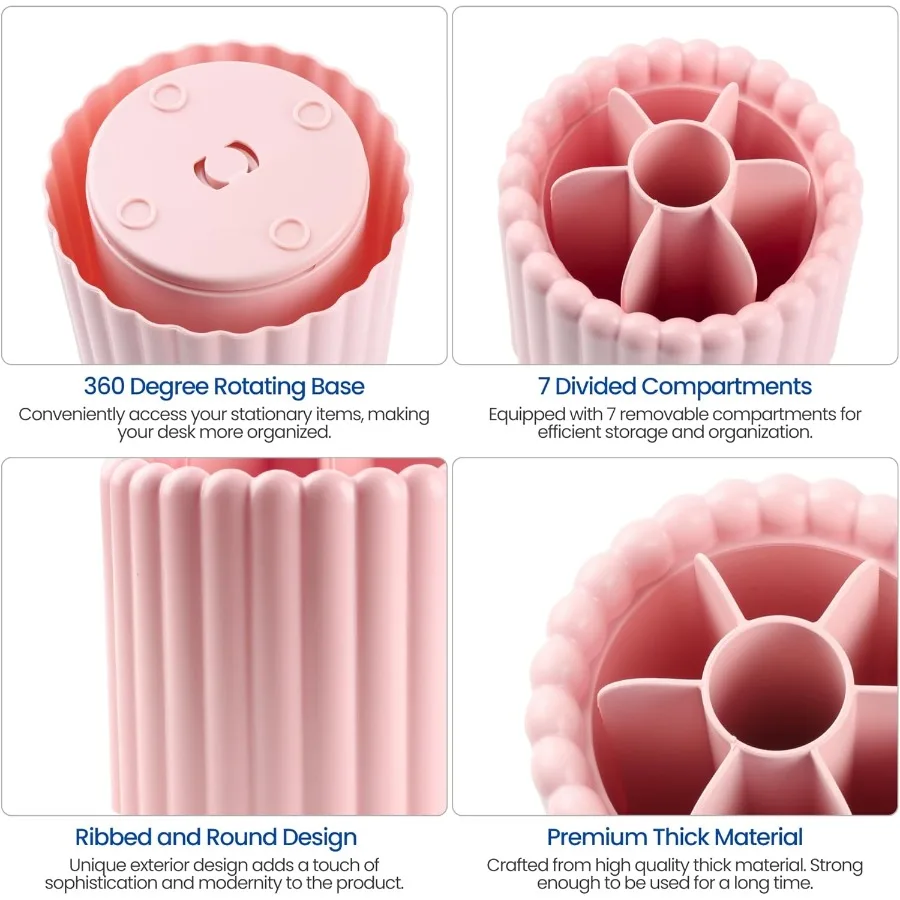 منظم مكتب 360 ° حامل أقلام دوار لكوب تقشير المكتب مع 7 مقصورات صندوق تخزين علبة للمكتب والمدرسة والمنزل باللون الوردي #4