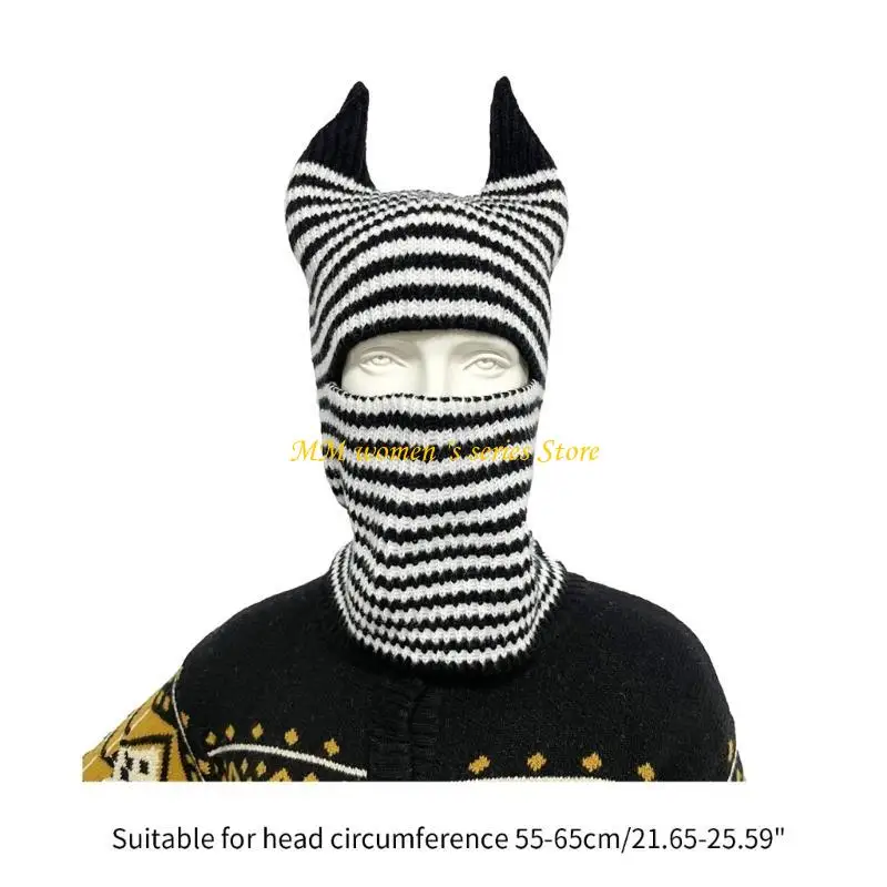 Q39C Women Ox Horn Hat Warm Ear Protector Hat Knit Balaclava Hot Girl Handmade Hat