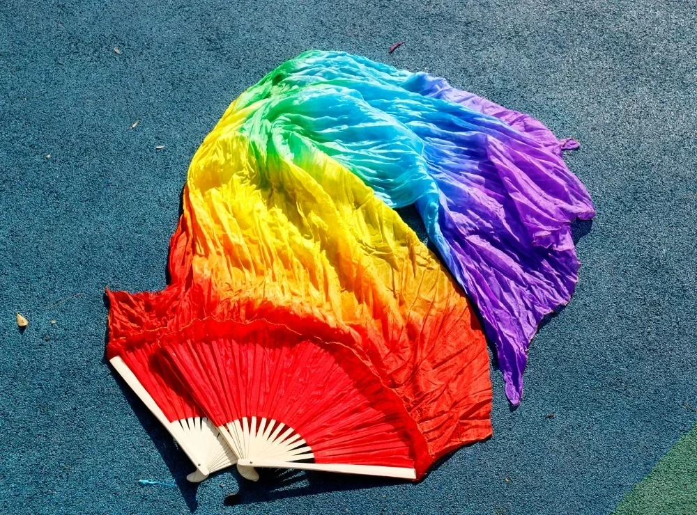 2018 heißer Verkauf Frauen echte Seide Bauchtanz Fan Schleier von Bauchtanz Fans Regenbogen farbe (2 stücke)