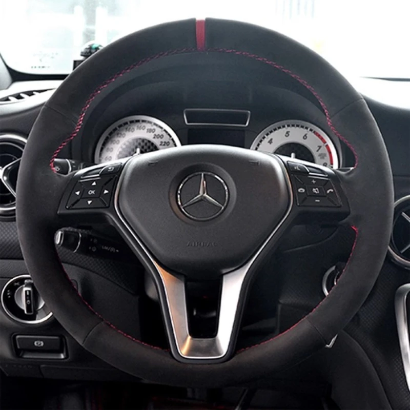 

Для Mercedes Benz A45 AMG W176 C63 W204 CLA C117 CLS S-Model 2011-2016 Сшитый вручную черный замшевый чехол на руль автомобиля