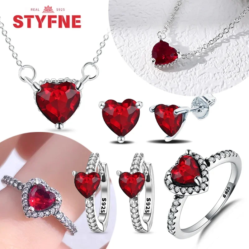 

Silver S925 Love & Red Heart Jewelry Sets Classic Red Earrings Rings Necklace for Women Jewelry Trendy Valentine's Day Gifts