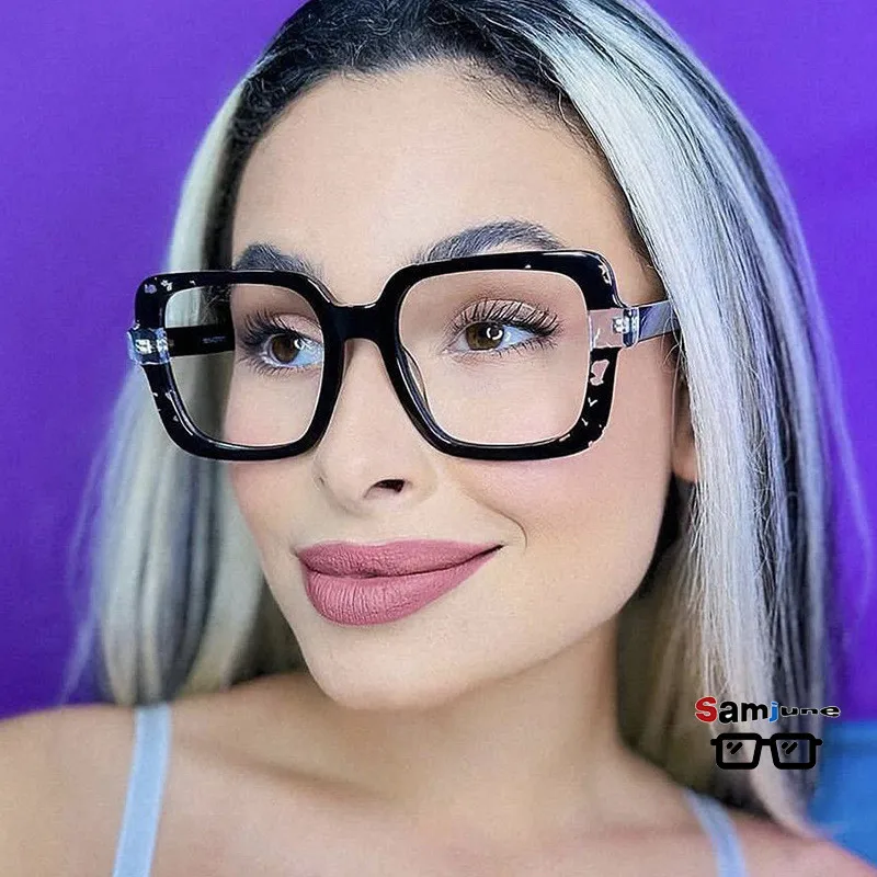 Samjune Oversized Glasses Women Fashion Patchwork Rim Blue Light Blocking Eyeglasses Trendy Chic Brand Design Optical Frames