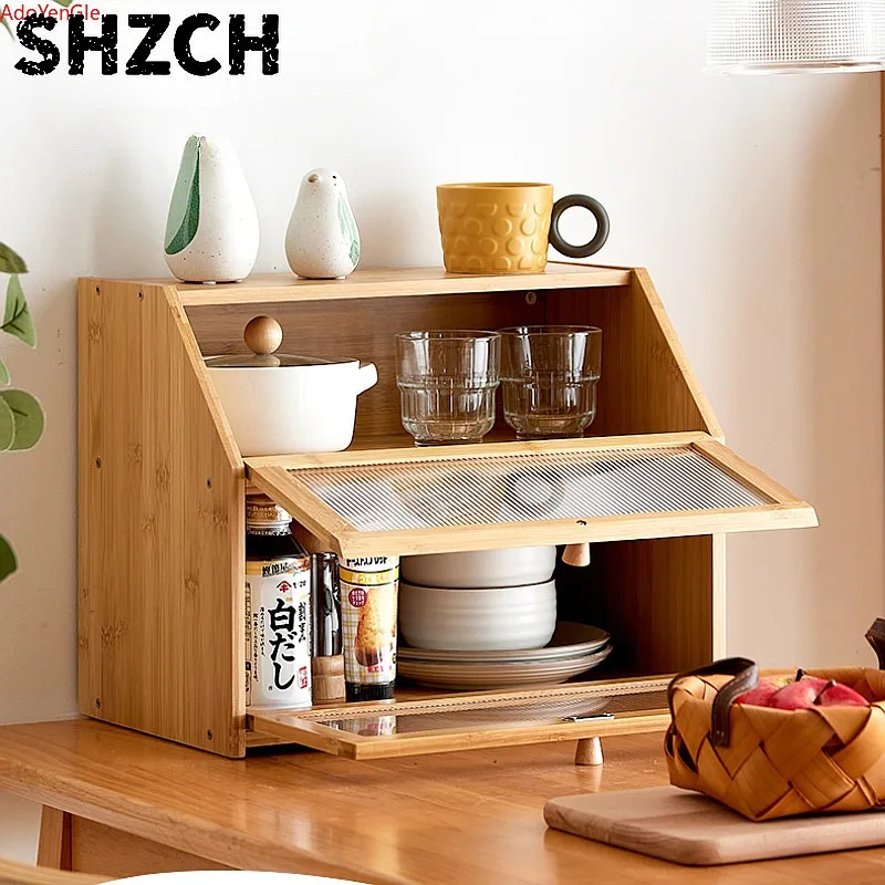 Bamboo Trapezoidal Kitchen Side Cabinet 2 Tier Cup Holder Clamshell Storage