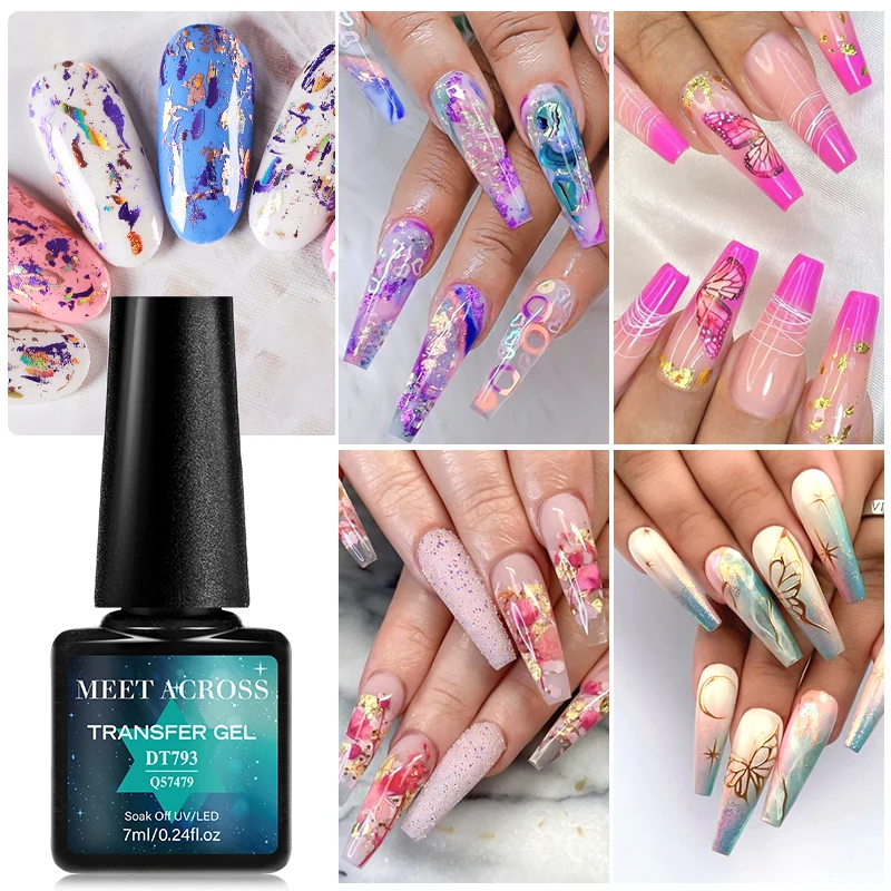 MEET ACROSS 7ml Transfer Foil Gel Nail Polish Nail Art Varnish For Adhesive Sticker Nail Glue Semi-Permanant Soak Off UV LED Gel