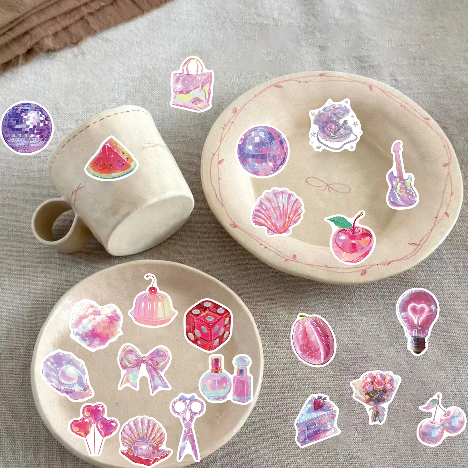 50PCS Pink Laser Small Object Sticker Decorative Coffee Motorcycle Fridge Supplies Laptop Guitar Fridge Gift Coffee Decor