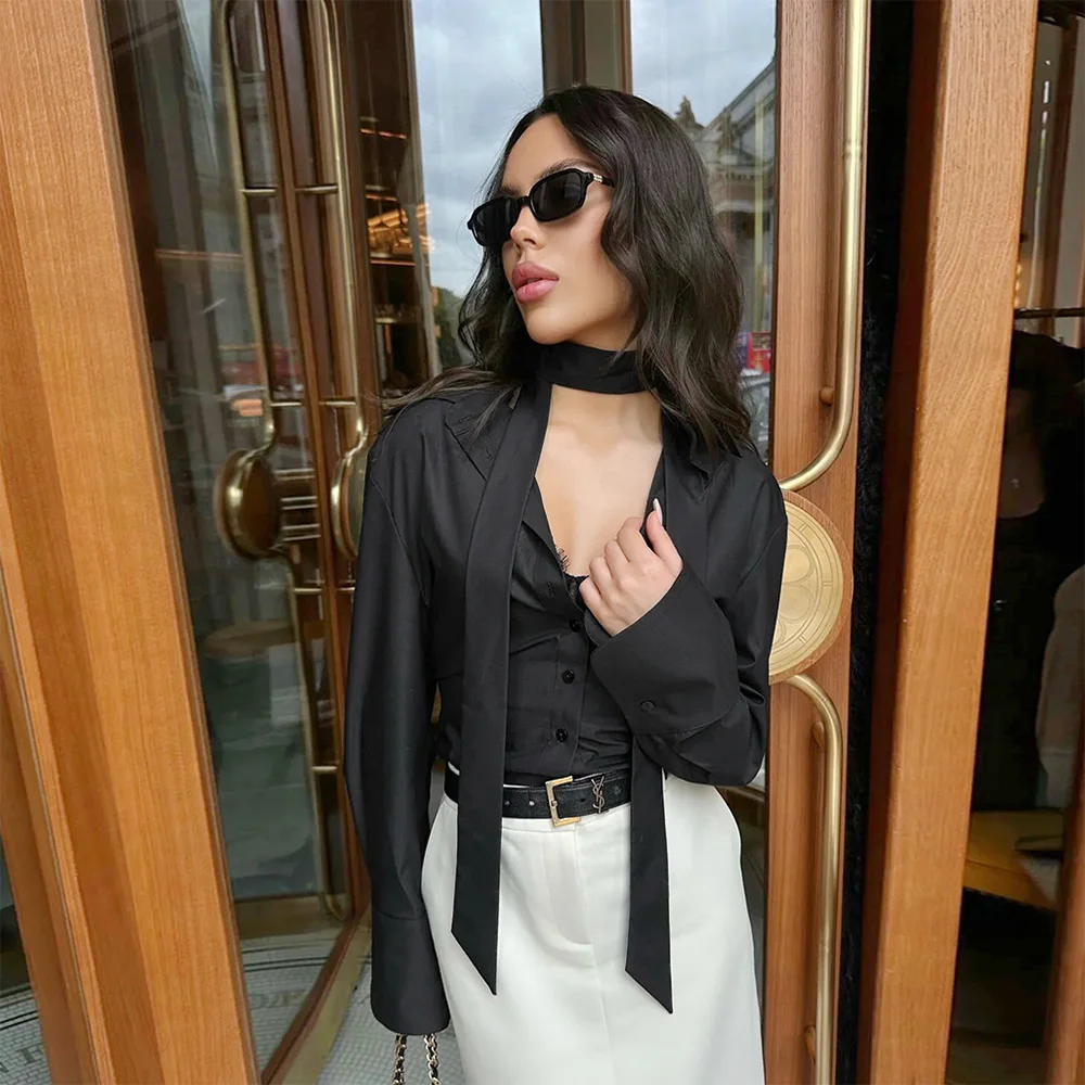 B 2026 Bornladies New Autumn Tie Belted Deep V Shirt Women's Detachable Neck Floating Ribbon Cardigan Top Commuting Slim Blouse