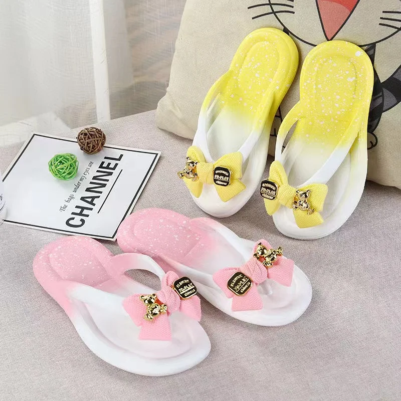 2024 Summer Baby Girls Slippers Children PVC Cartoon Bow Bear Print Flips Flops Beachwear Outdoor Non-slip Kids Shoes Size 24-35