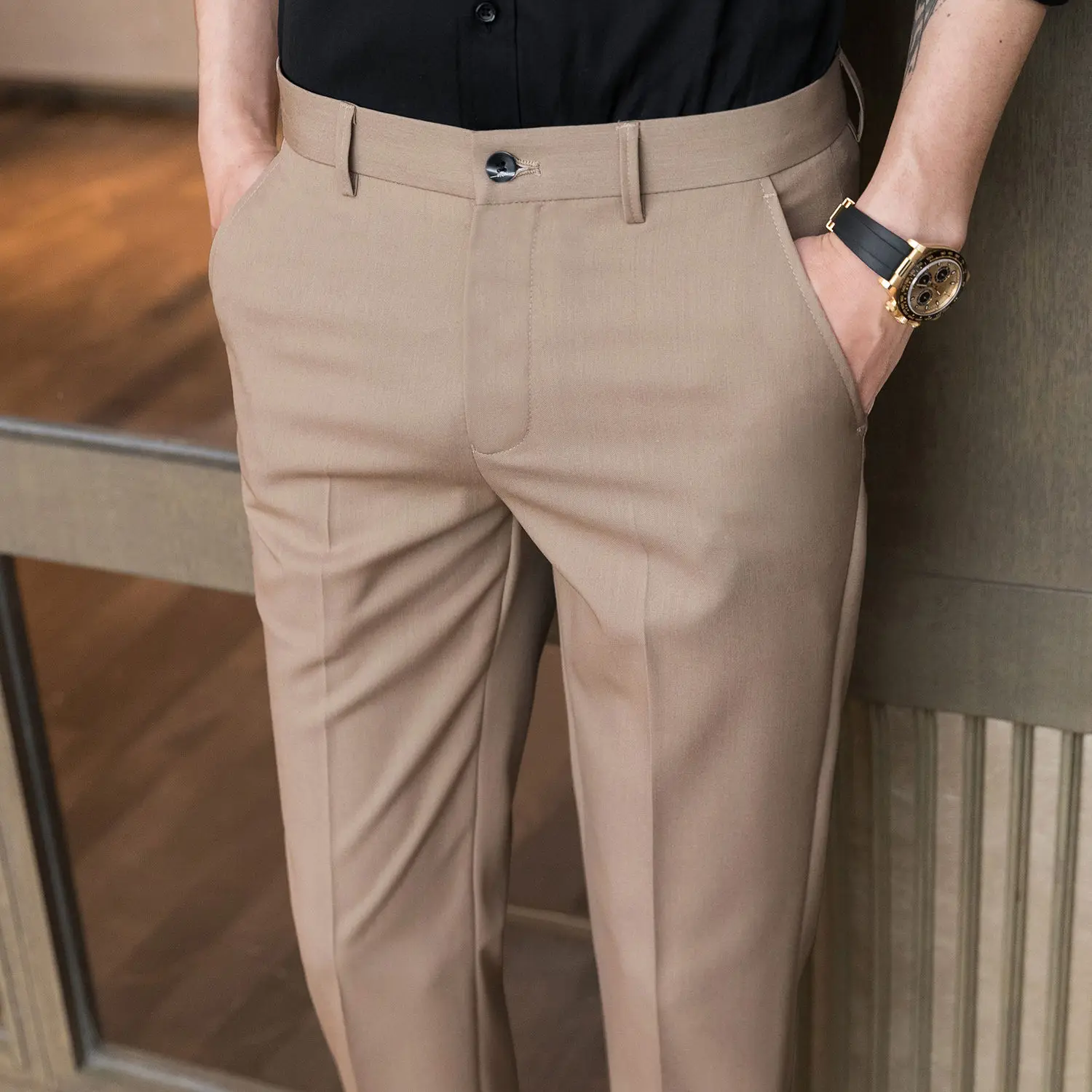 Man Suits Pants Business Brown Slim Fit 9 Cropped Social Tailoring Trousers for Men Tressed Vintage Korean Reviews Many Classic