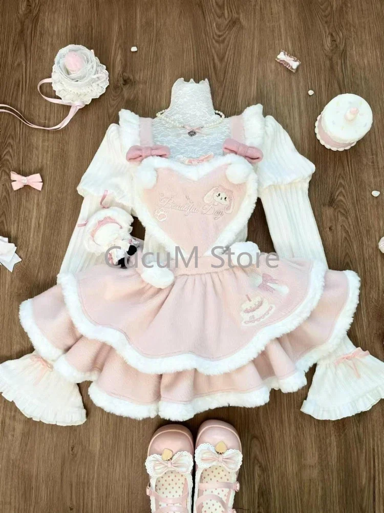 Ensemble de robe Lolita douce pour femme, robe mince de dessin animé, lapin à capuche, Everak Kawaii, nœud mignon, imbibé, Noël, nouvel an, Y2k, 3 pièces