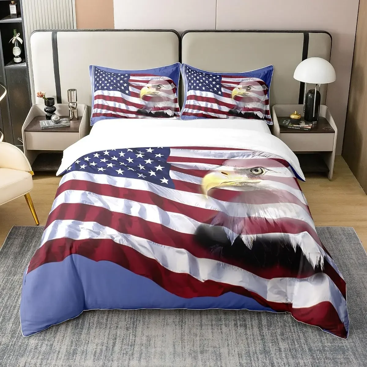 Africa Duvet Cover Set, Aerial View of Bald Eagle Flying USA, Decorative 3 Piece Bedding Set with 2 Pillow Sham, Full King Size