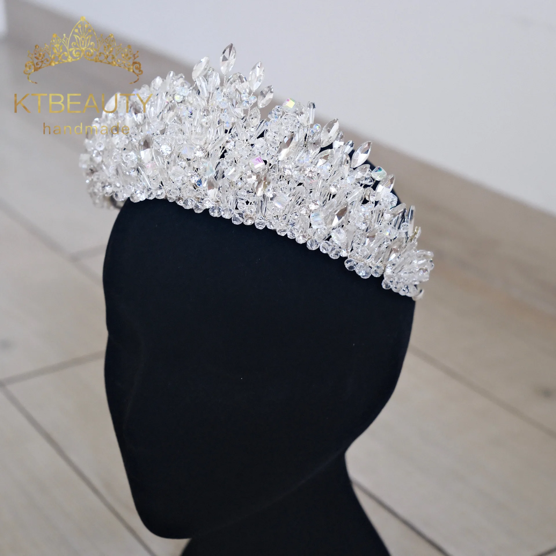 KTBEAUTY News 2025 bridal style Headpiece Silver color Crystal Big Size Crown white Stones Beauty Hair band Women Accessories