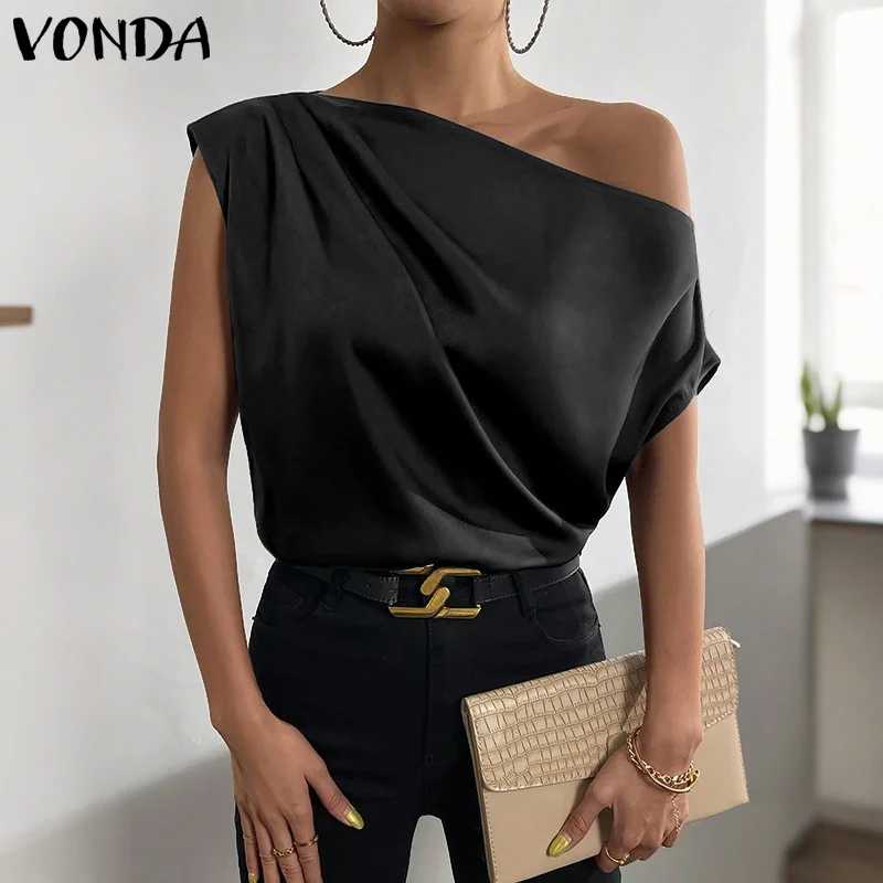 Übergröße 5XL VONDA Damenbluse 2026 Satin-Top Schulterfrei Einfarbig Tunika Kurzarm Plissiert Blusa Elegante Bürodamen-Hemden