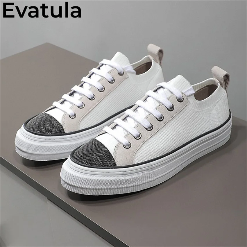 Evatula Thick Bottom Casual Canvas Shoes Women Big Size Flat Sneakers Lace Up Running Shoes Athletic Jogging Tenis Walking Shoes