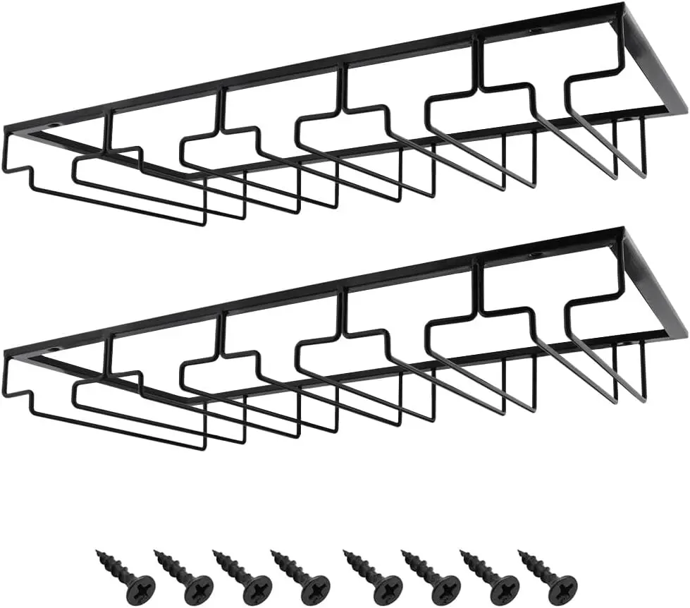 Under Cabinet Stemware Rack, 5-Row Wire Wine Glass Holder for Kitchen Bar Storage (Black, 2 Pack)