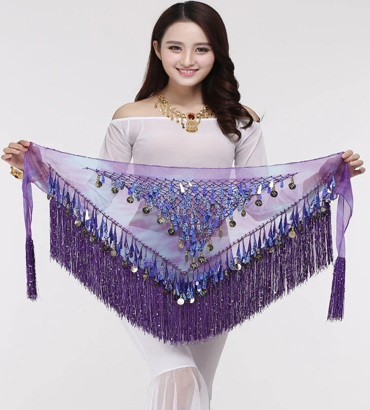 เอวโซ่ Sequined สำหรับ Belly Dance สะโพกผ้าพันคอสามเหลี่ยมผ้าพันคอเอวเสื้อผ้าสำหรับเต้นรำละติน