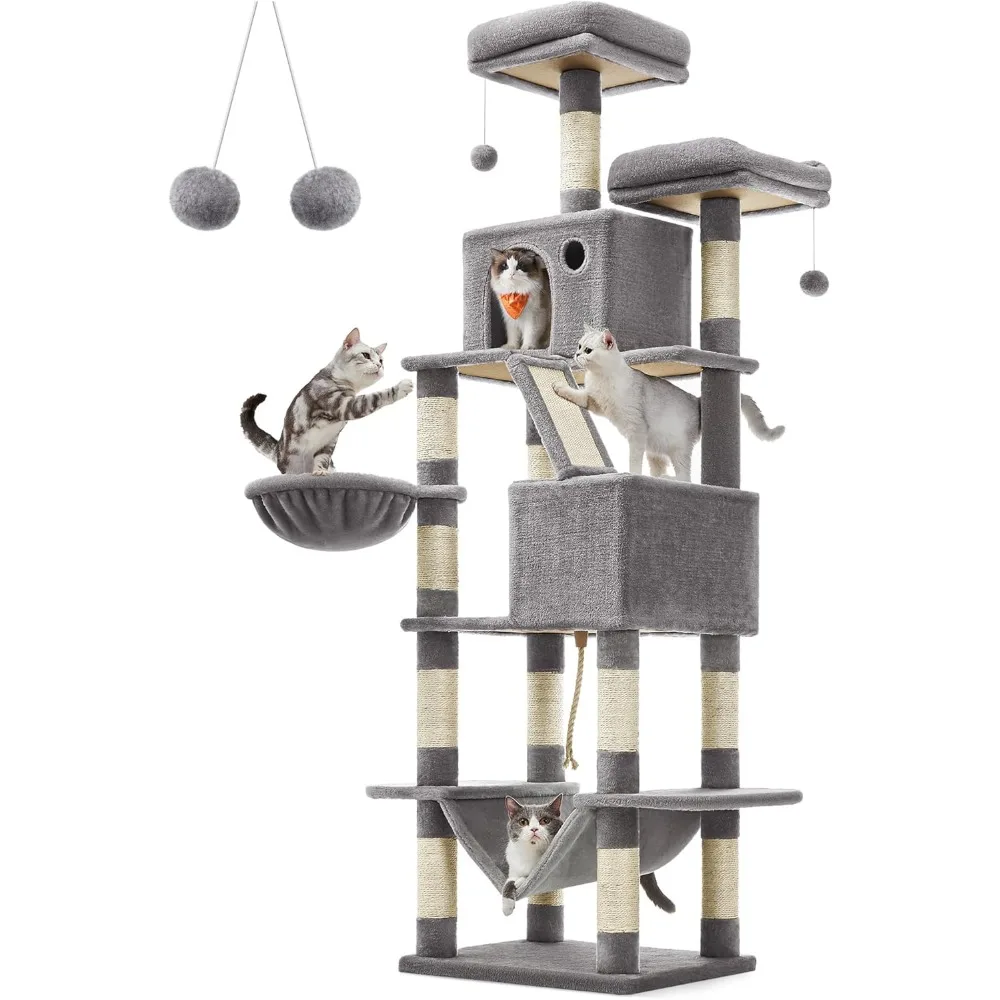 Cat Tree, 81.1-Inch Large Cat Tower with 13 Scratching Posts, 2 Perches, 2 Caves, Basket, Hammock, Pompoms