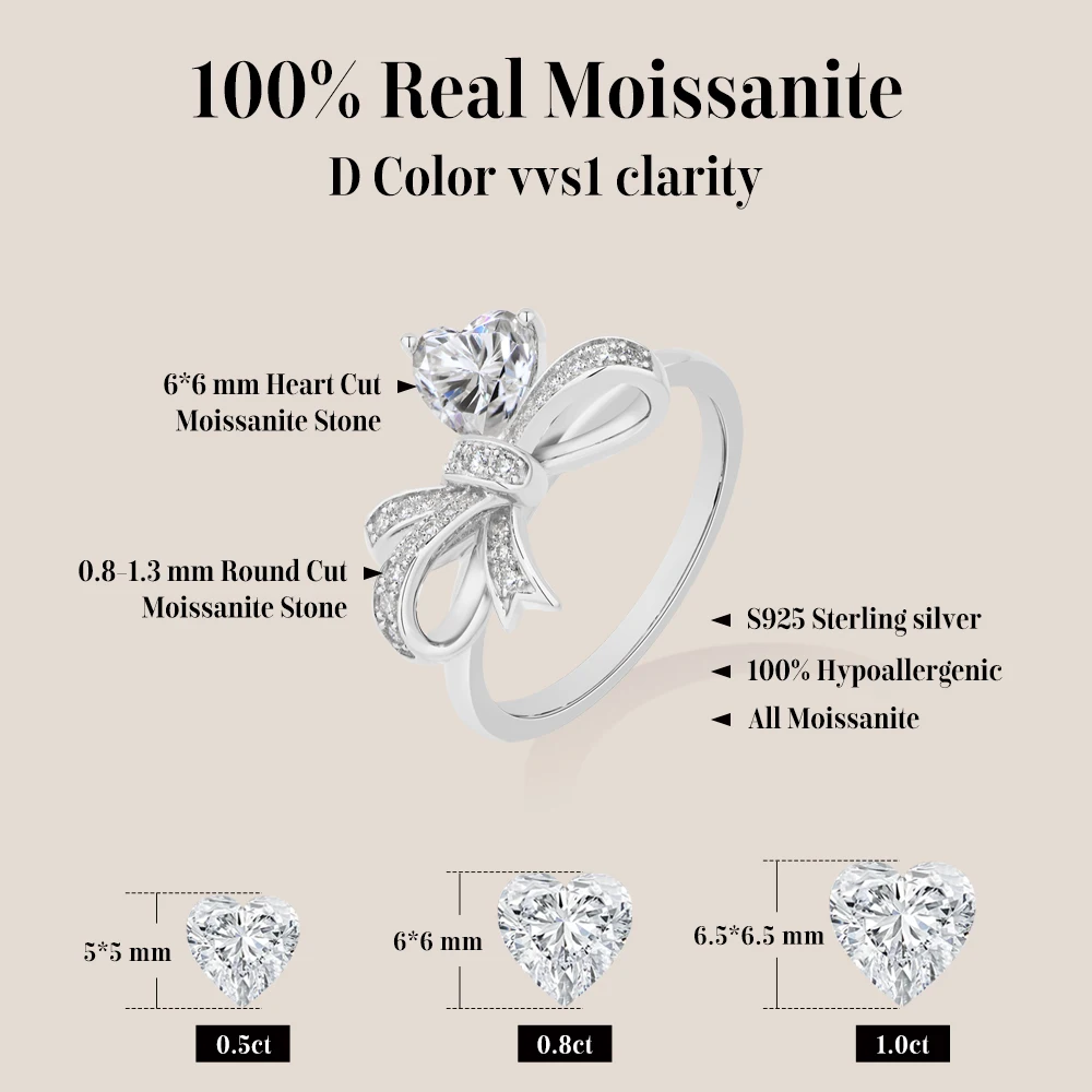 ATTAGEMS Fashion Love Bow Moissanite Ring Heart Cut S925 Silver Romantic Wedding Band ForWoman Birthday Gift Anniversary Jewelry