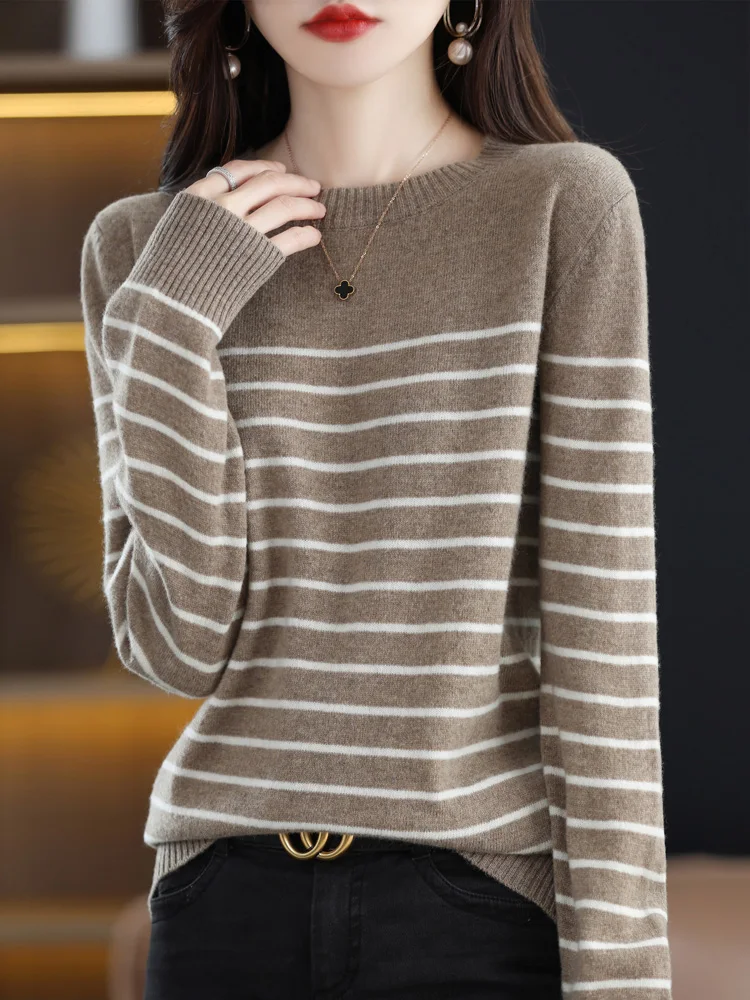 Autumn Winter 100% Merino Wool Pullover Casual Sweater For Women O-neck Striped Cashmere Knitwear Korean Fashion Tops 2023 New