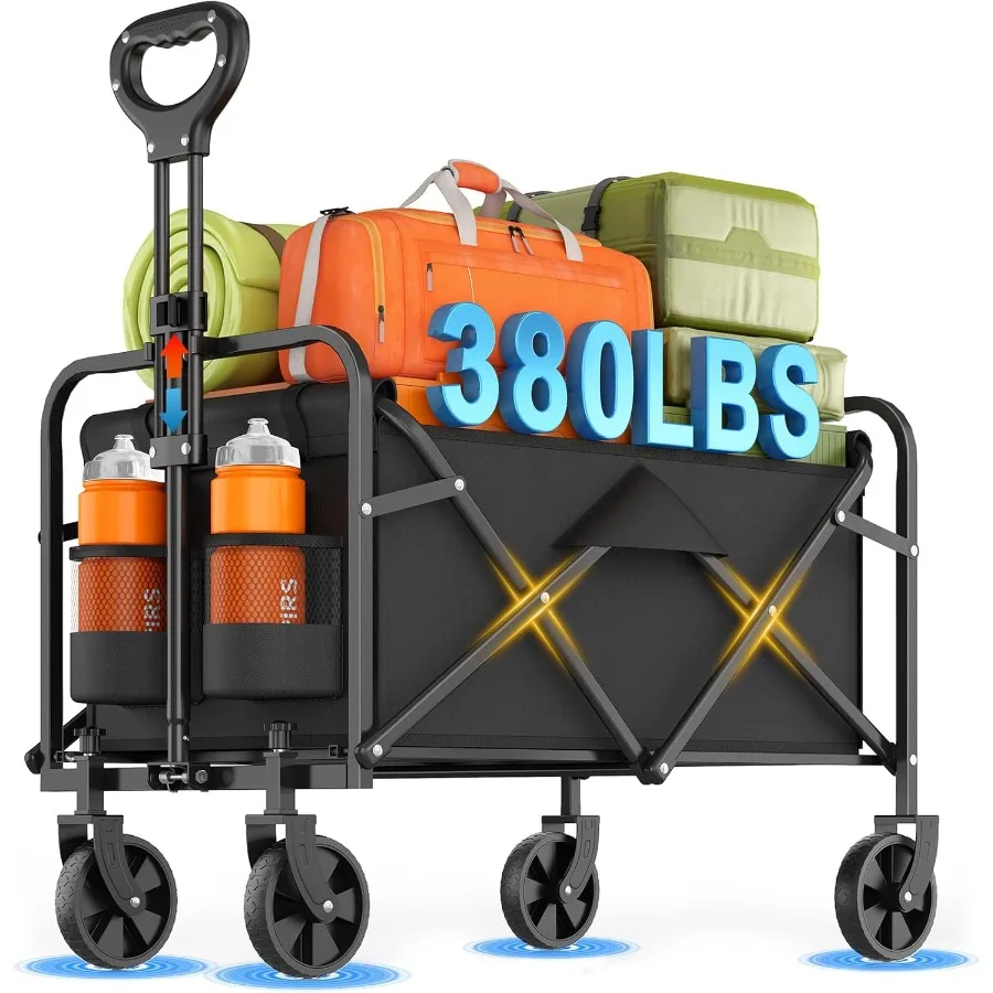 

Collapsible Wagon Cart Foldable Beach Wagon with All-Terrain Wheels - 380 LBS Heavy Duty Grocery Cart for Shopping Beach Campin