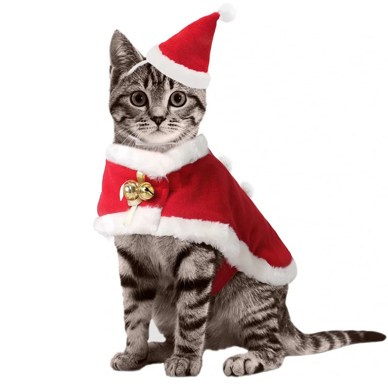 

TONG Pet Christmas Costume Cat Santa Outfit Small Dog Xmas Hat with Cloak Set Cat New Year Apparel Cat Costumes