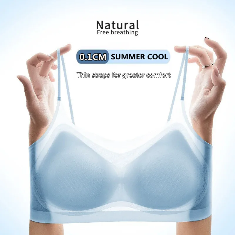 Ultra-Thin Breathable Ice Silk Top Bra Women's Seamless Back Halter spaghetti strap Vest Wrap Bra Small Chest Together